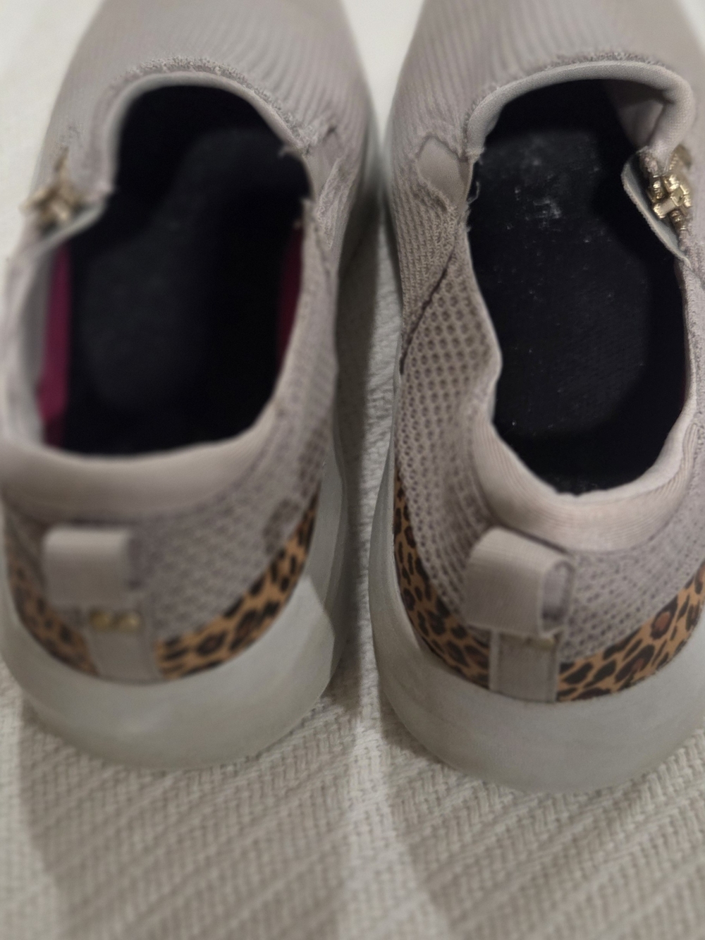 Ryka Women's Slip-On Knit Sneakers in Light Tan with Leopard Heel